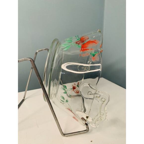 Hand Painted Red Rose Clear Glass Bowl Basket w/ Handles Flower Design - Picture 6 of 10